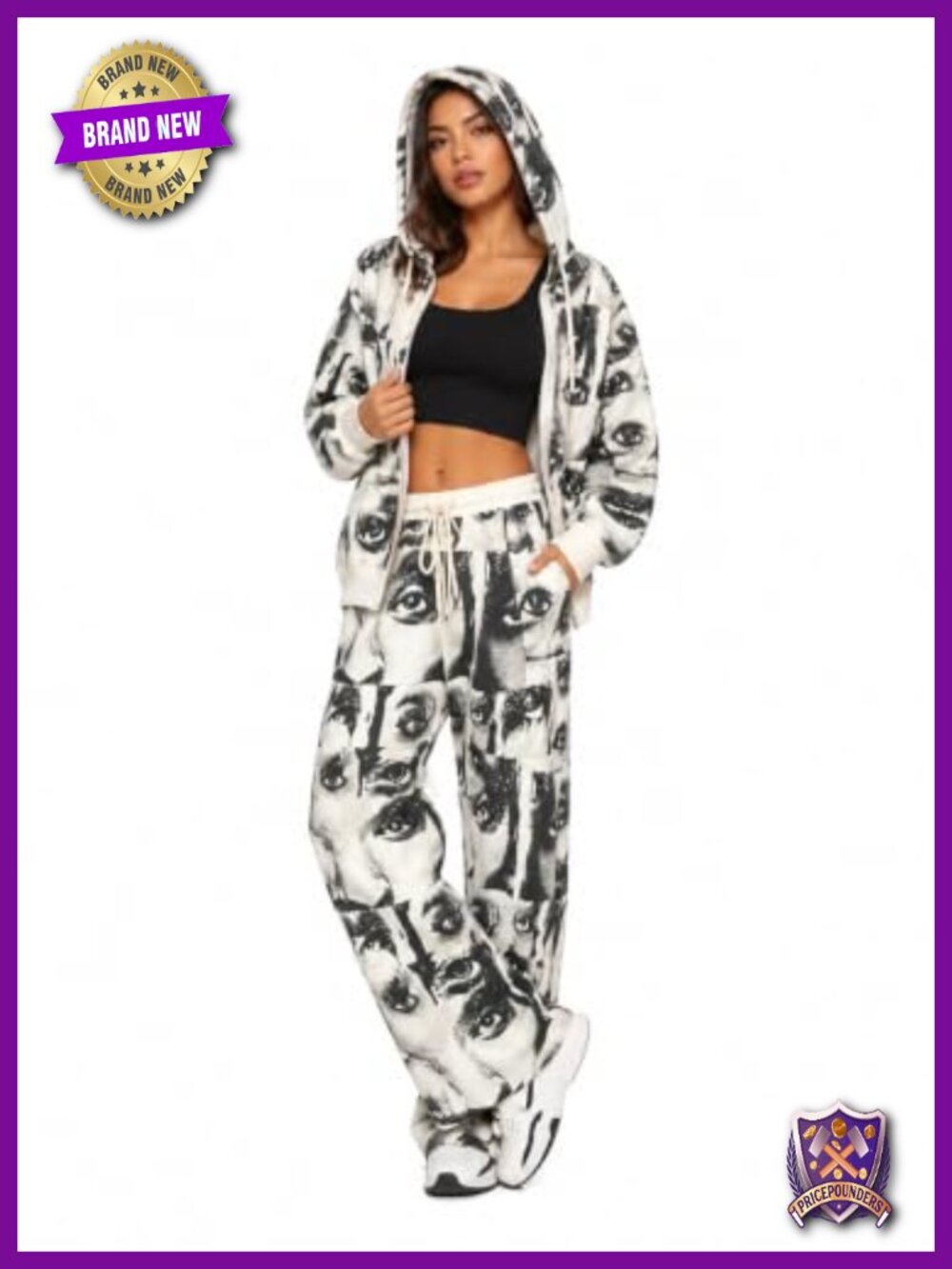 Two Piece Portrait Print Hooded Sweatshirt & Sweatpants Set Polyester